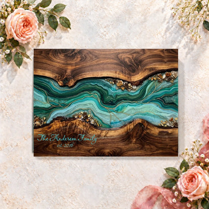 Personalized Family Name Wall Art, Teal Epoxy River Wood Print, Custom Established Year Decor, Rustic Housewarming Gift, Anniversary Gift