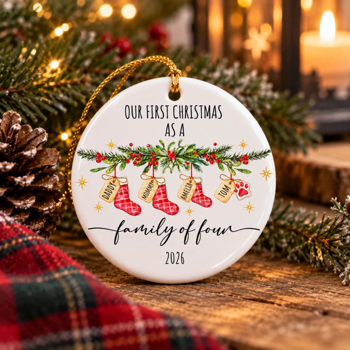 First Christmas As Family Of Four, Watercolor Stockings, Circle Cerami ...
