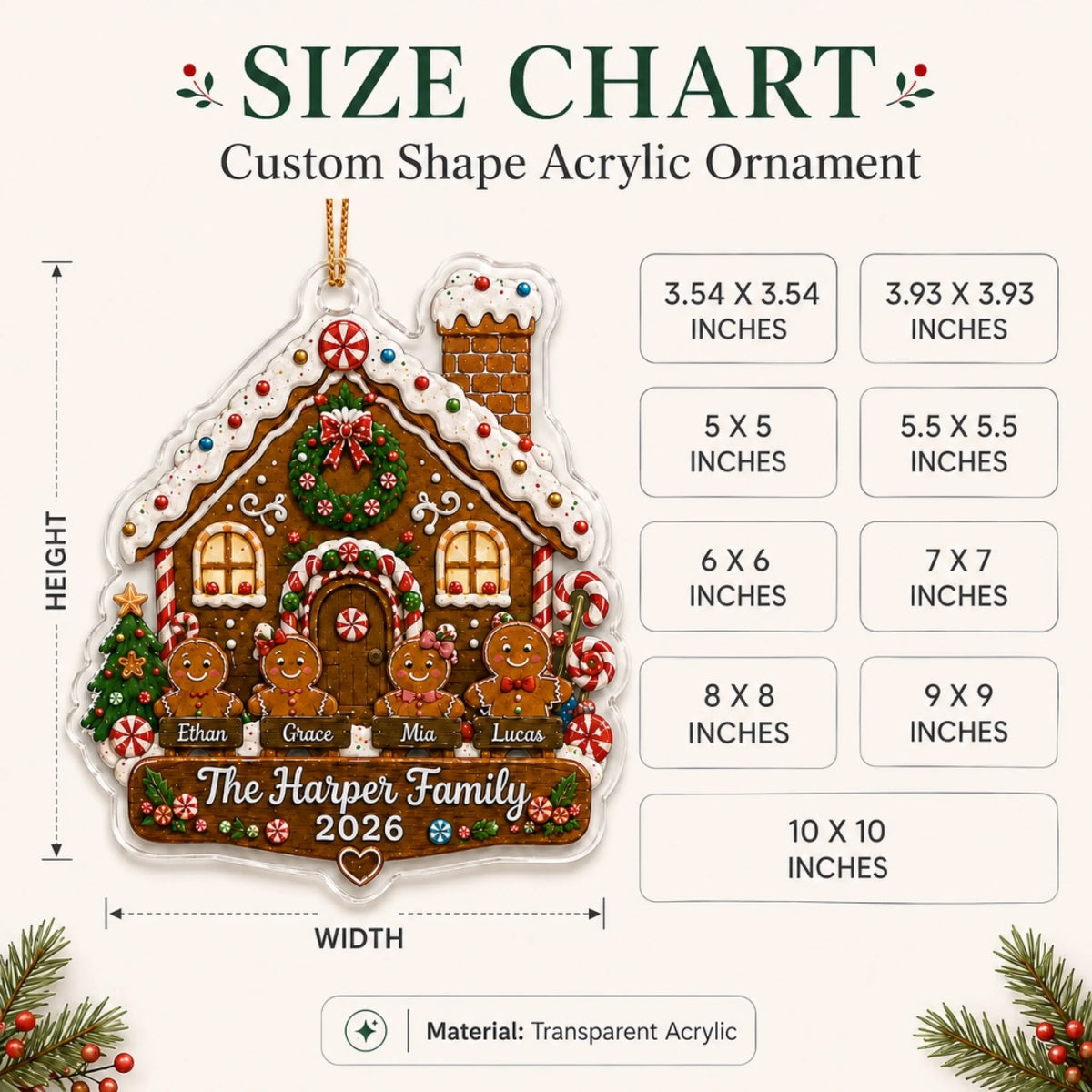 size chart custom shape ornament