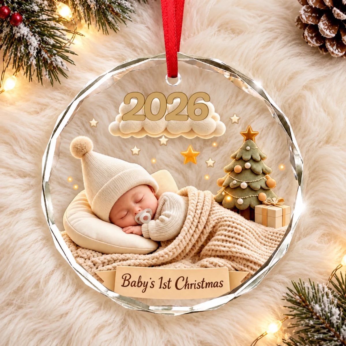 Baby's First Christmas Ornament on Ivory Fur-2