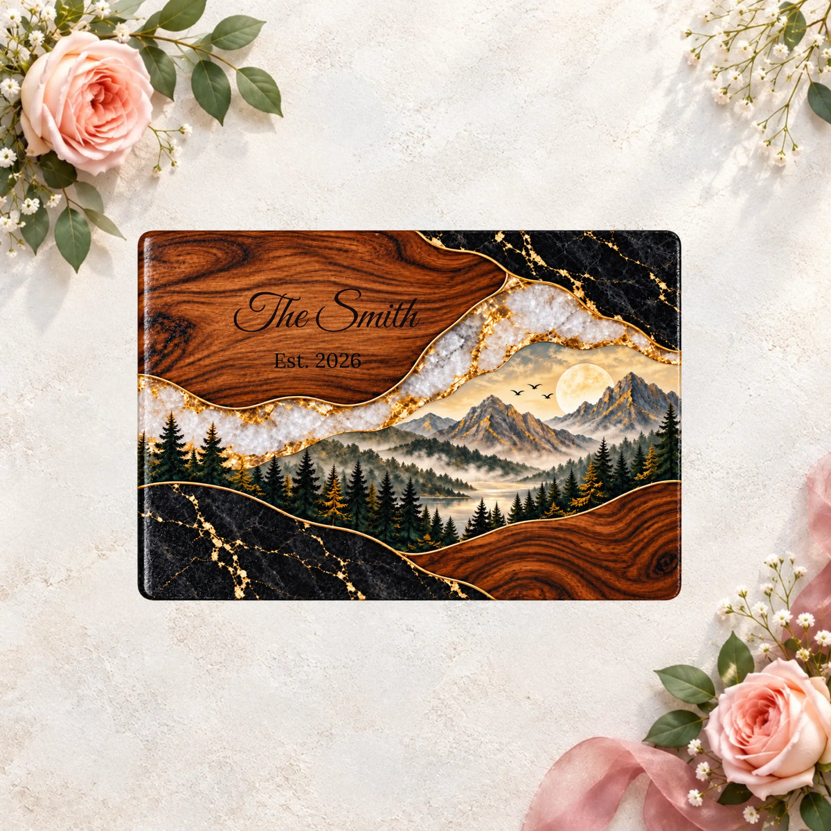Personalized Glass Cutting Board, Mountain Landscape Kitchen Decor, Custom Family Name Board, Rustic Housewarming Gift