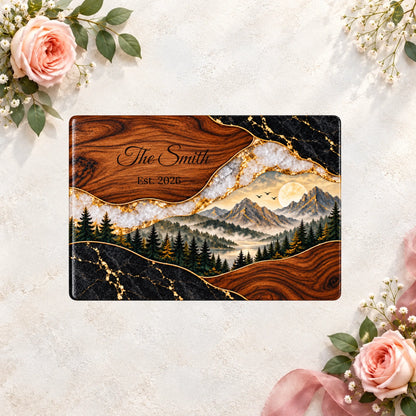 Personalized Glass Cutting Board, Mountain Landscape Kitchen Decor, Custom Family Name Board, Rustic Housewarming Gift