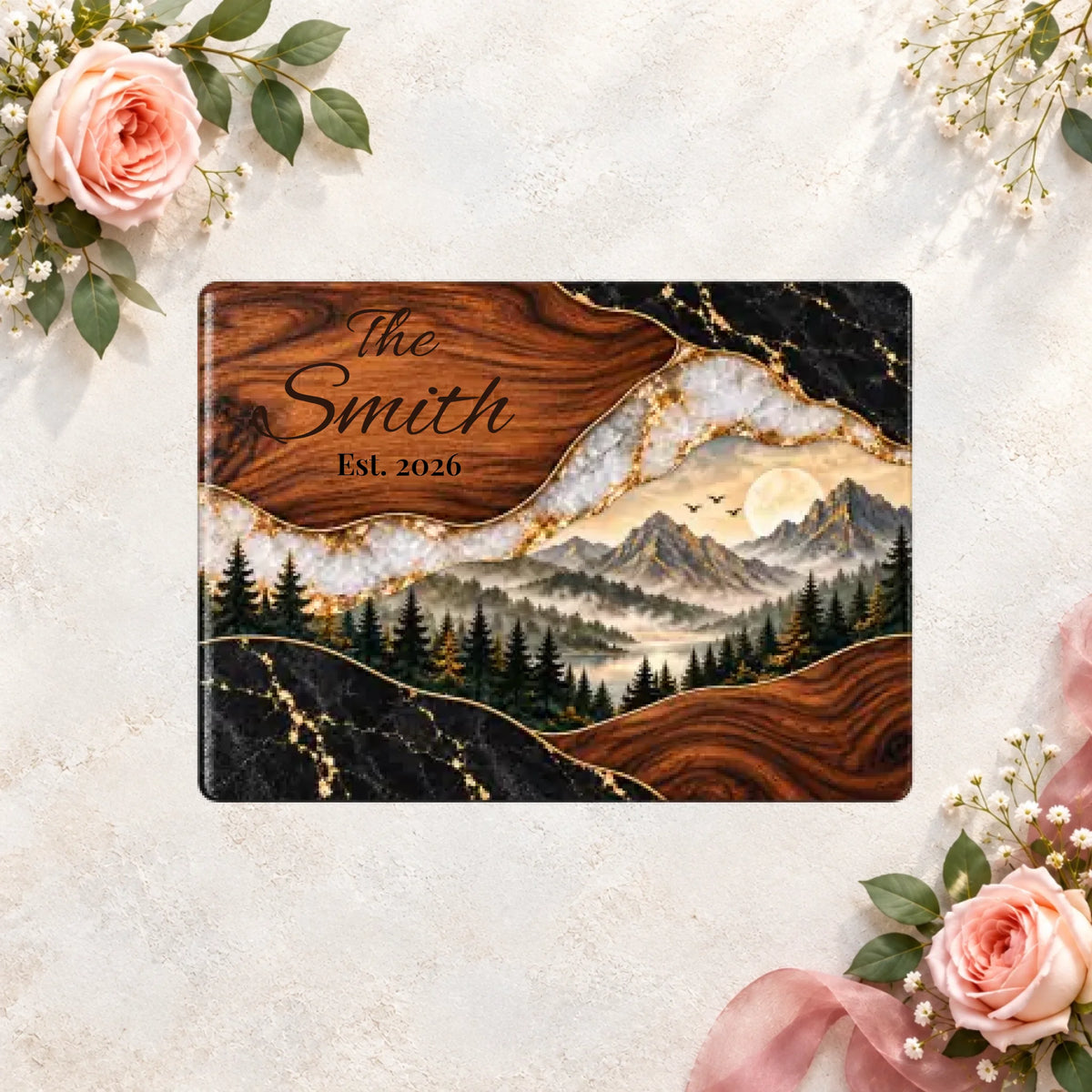 Personalized Glass Cutting Board, Custom Family Name, Mountain Landscape Kitchen Decor, Rustic Housewarming Gift, Wedding Gift