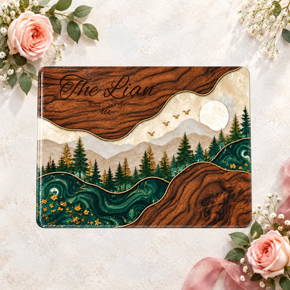 Personalized Glass Cutting Board, Custom Family Name, Mountain Landscape Kitchen Decor, Rustic Housewarming Gift, Wedding Gift 2026