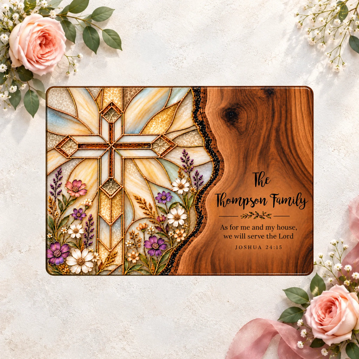 Personalized Christian Round Cutting Board, Stained Glass Cross Floral Design, Custom Family Name, Joshua 24:15, Housewarming Gift