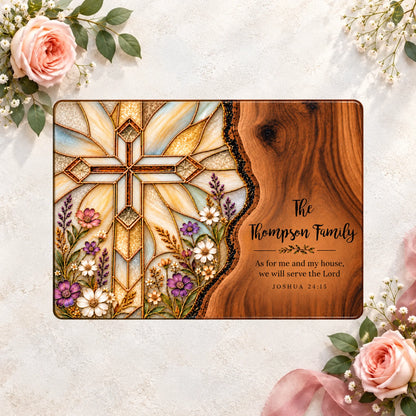 Personalized Christian Round Cutting Board, Stained Glass Cross Floral Design, Custom Family Name, Joshua 24:15, Housewarming Gift