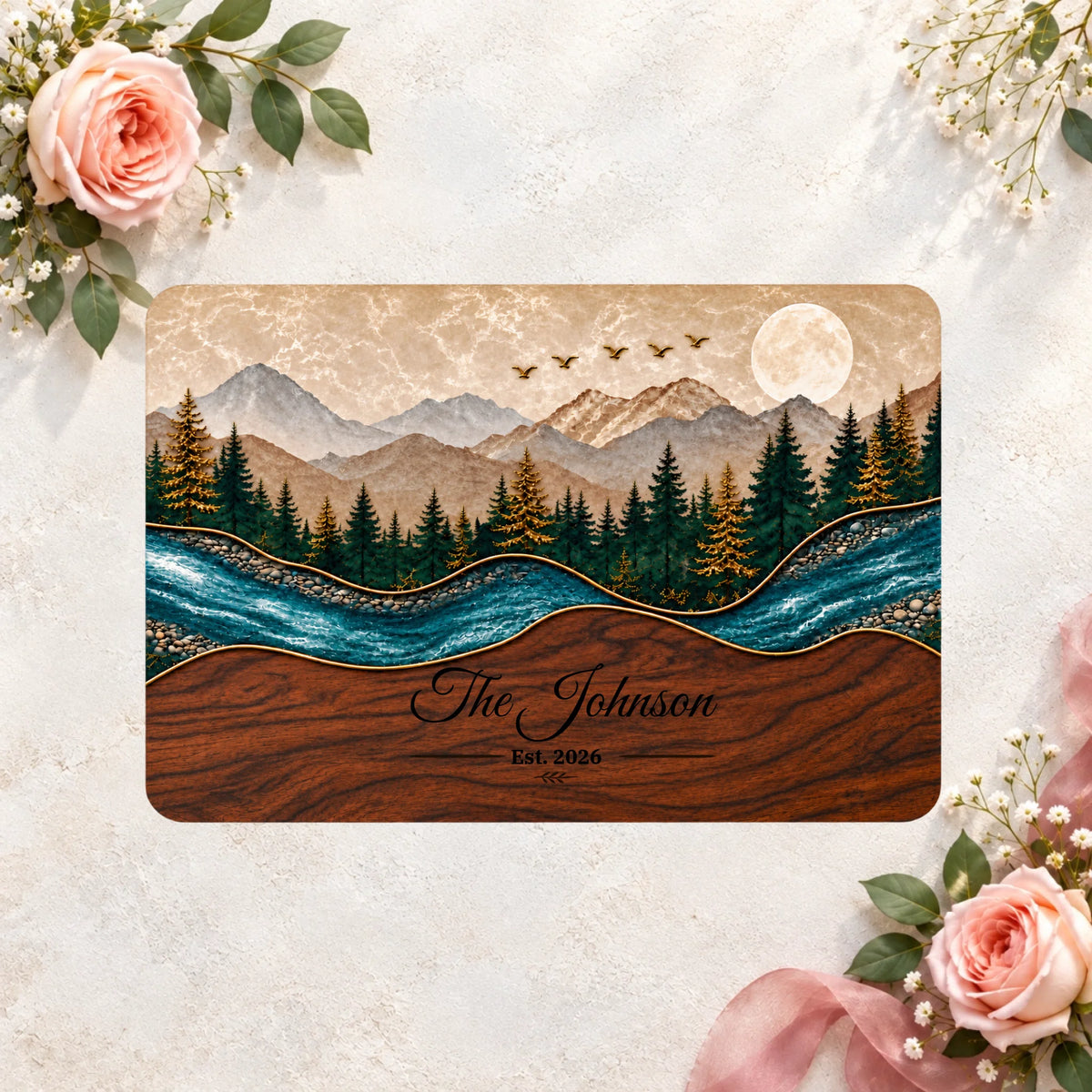 Personalized Glass Cutting Board, Mountain Forest Landscape Kitchen Decor, Custom Family Name Chopping Board, Housewarming Wedding Gift