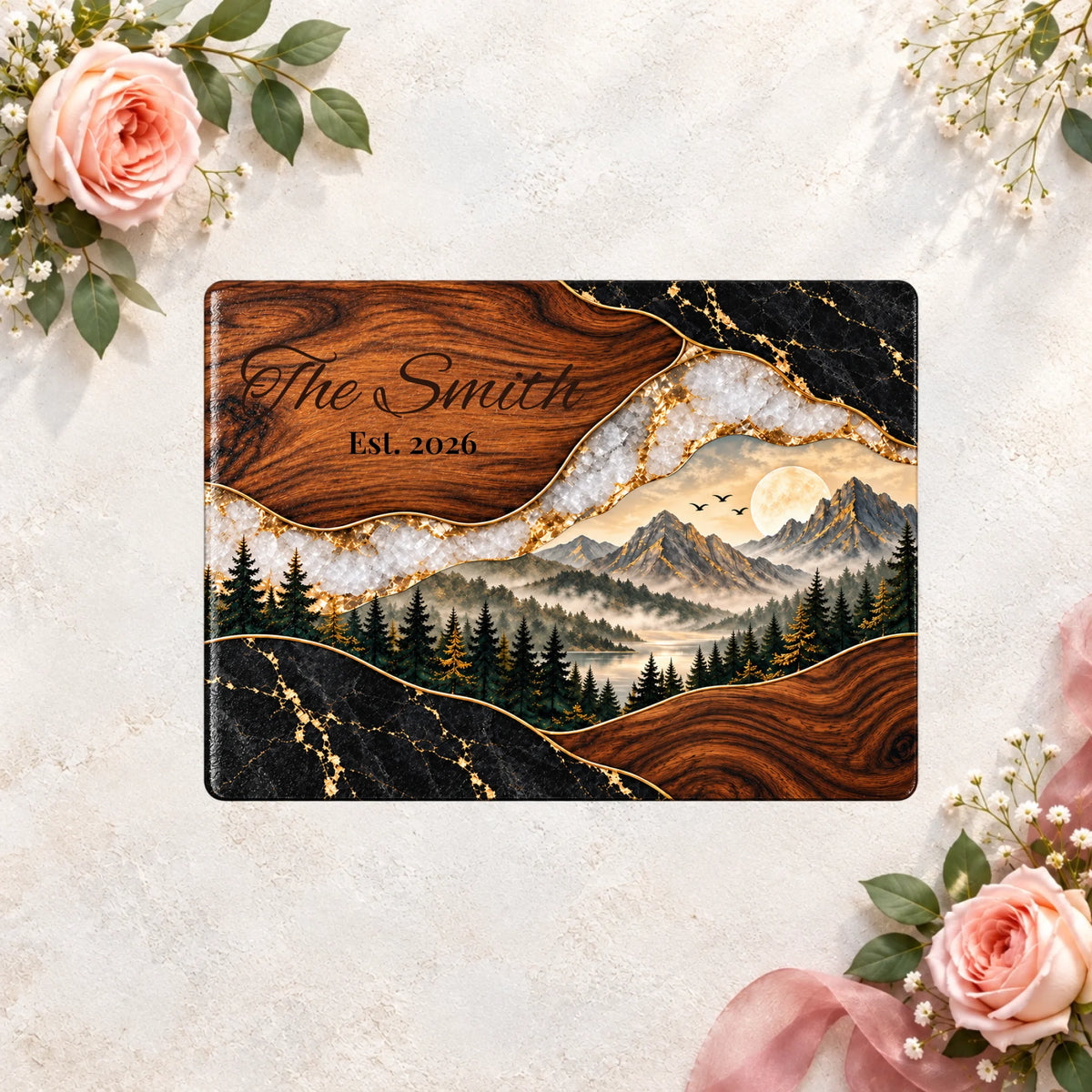 Personalized Round Cutting Board, Mountain Landscape Family Name Board, Rustic Wood Look Kitchen Decor, Custom Housewarming Gift
