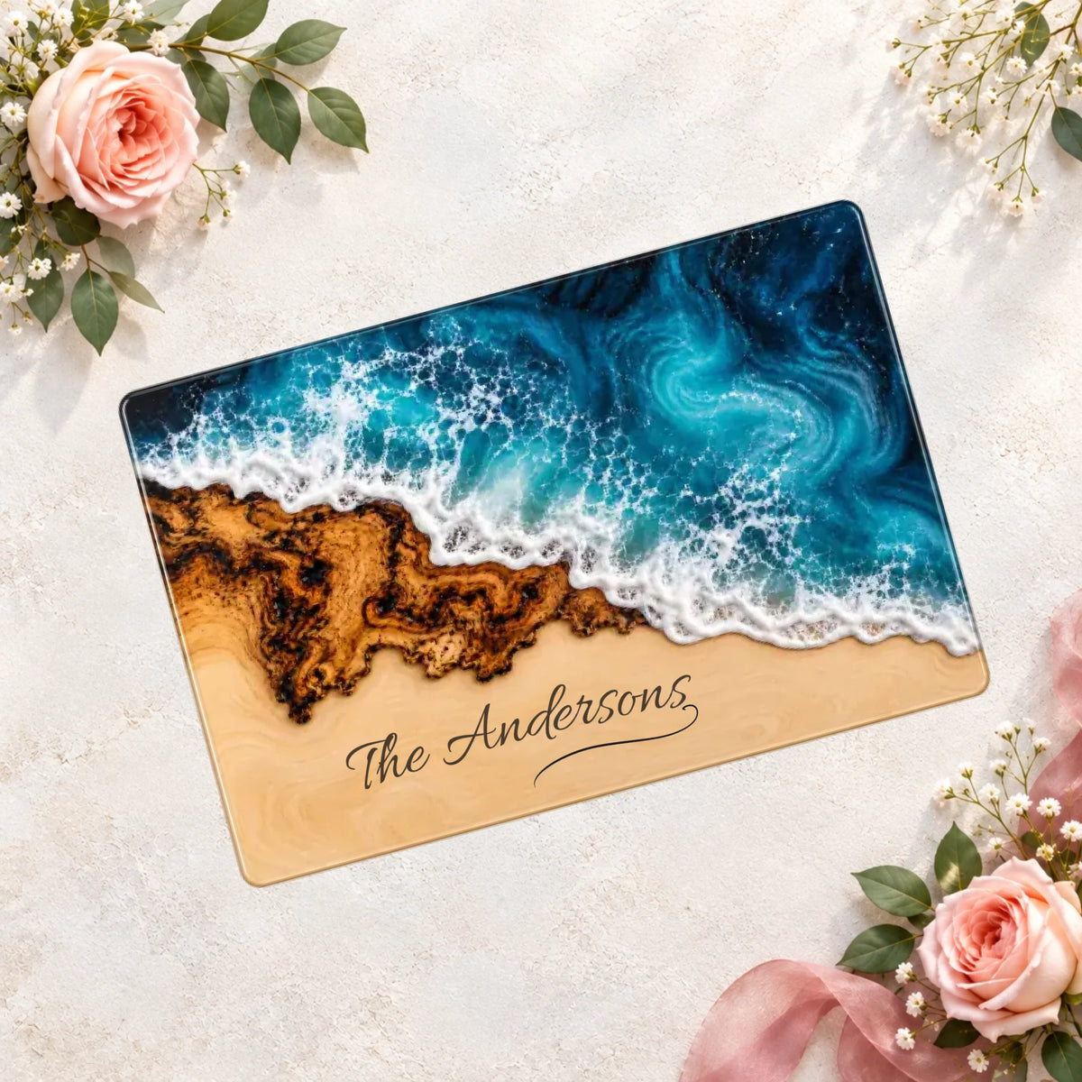 Personalized Glass Cutting Board, Custom Family Name Ocean Cutting Board, Beach House Kitchen Decor, Coastal Wedding Gift