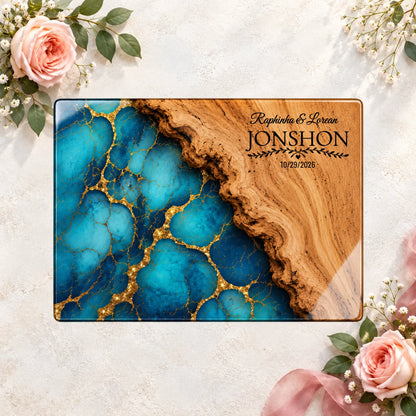Personalized Ocean Sunset Glass Cutting Board, Custom Couple Names, Coastal Wood Grain Design 2026