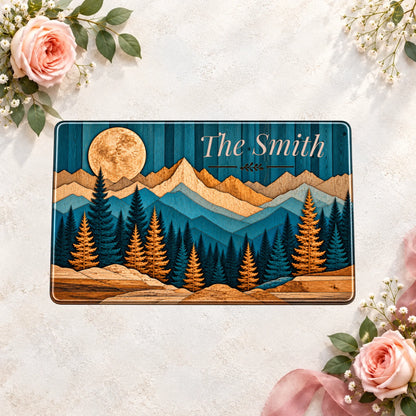 Personalized Glass Cutting Board, Custom Family Name Mountain Decor, Rustic Kitchen Board, Housewarming Gift, Nature Lover Gift