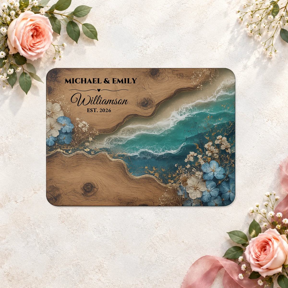 Personalized Glass Cutting Board, Custom Couple Name Coastal Ocean Wave Design, Wedding Gift, Housewarming Gift for Newlyweds