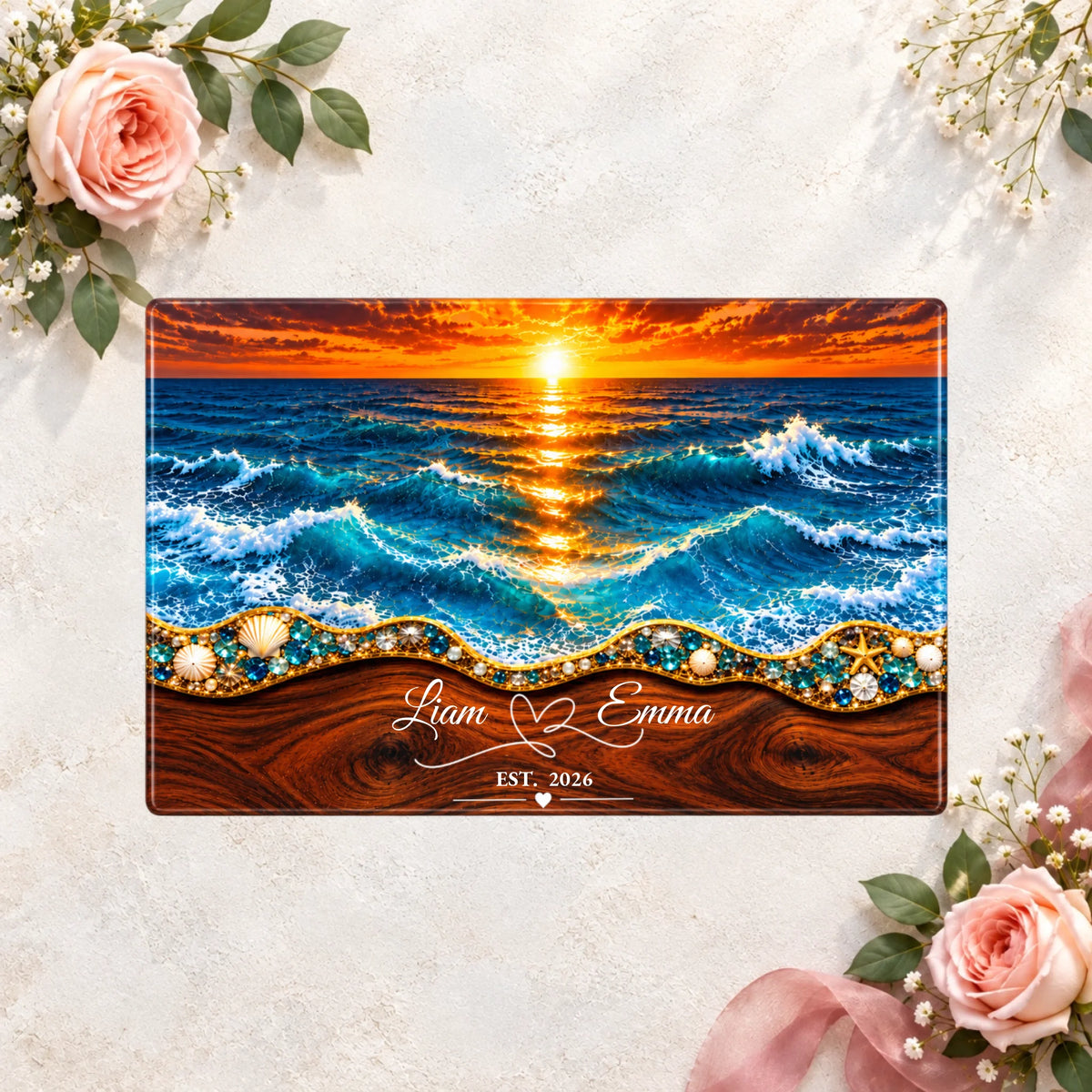 Personalized Ocean Sunset Glass Cutting Board, Custom Couple Names, Coastal Wood Grain Design