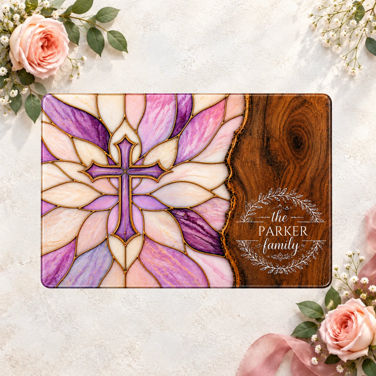 Personalized Christian Glass Cutting Board, Stained Glass Cross, Custom Family Name Kitchen Decor, Religious Housewarming Gift