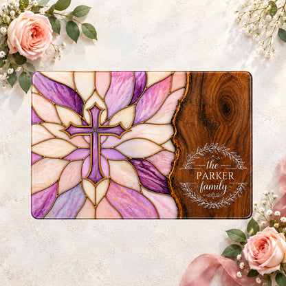 Personalized Christian Glass Cutting Board, Stained Glass Cross, Custom Family Name Kitchen Decor, Religious Housewarming Gift