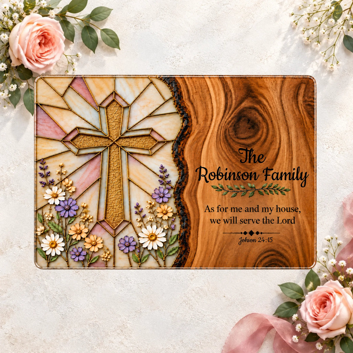 Personalized Christian Round Cutting Board, Stained Glass Cross Floral Design, Joshua 24:15, Religious Housewarming Gift for Family