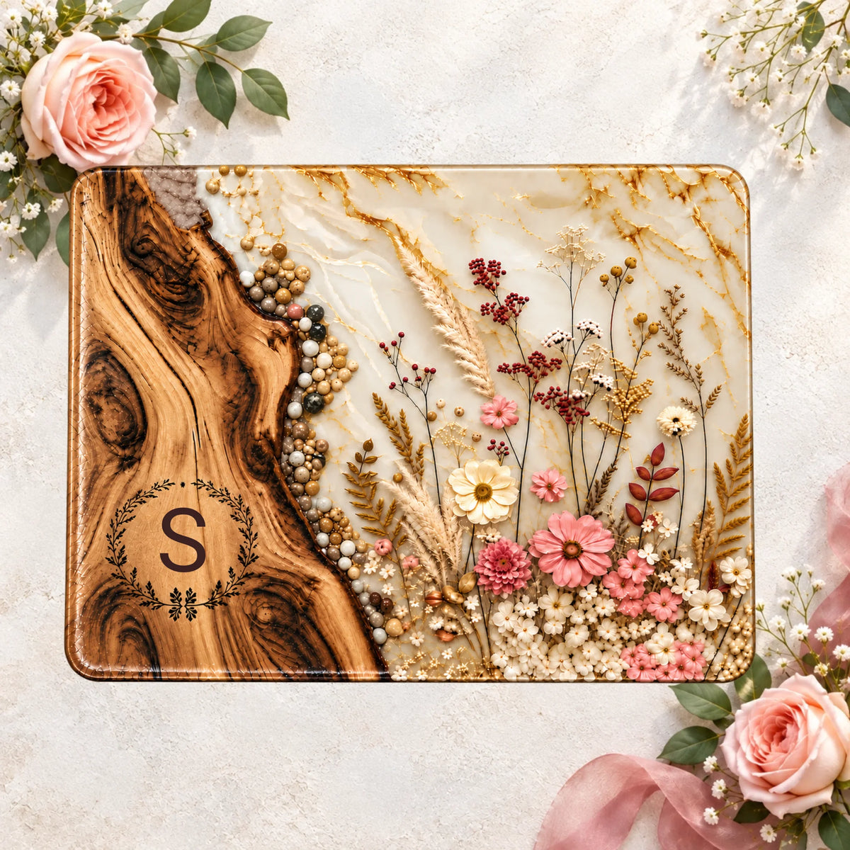 Personalized Glass Cutting Board, Wildflower Floral Kitchen Decor, Custom Initial Cutting Board, Wood Look Housewarming Gift for Her