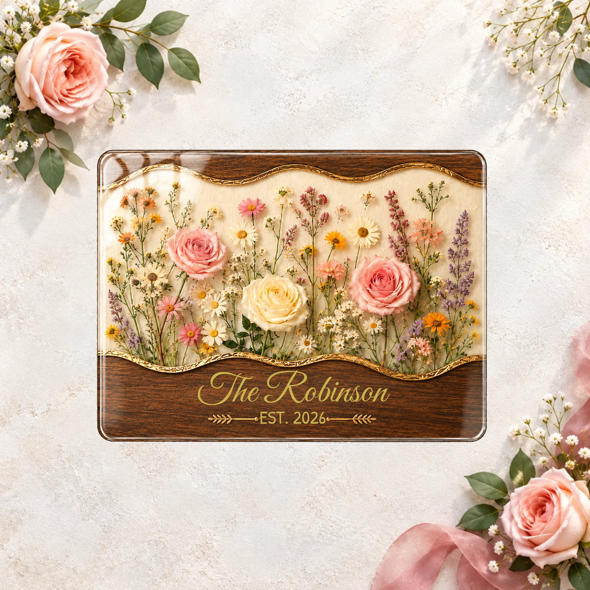 Personalized Glass Cutting Board, Floral Kitchen Decor, Custom Family Name Cutting Board, Housewarming Gift for Mom
