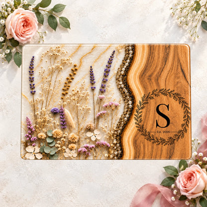 Personalized Floral Round Cutting Board, Wildflower Lavender Kitchen Decor, Custom Family Name Gift, Rustic Housewarming Wedding Gift