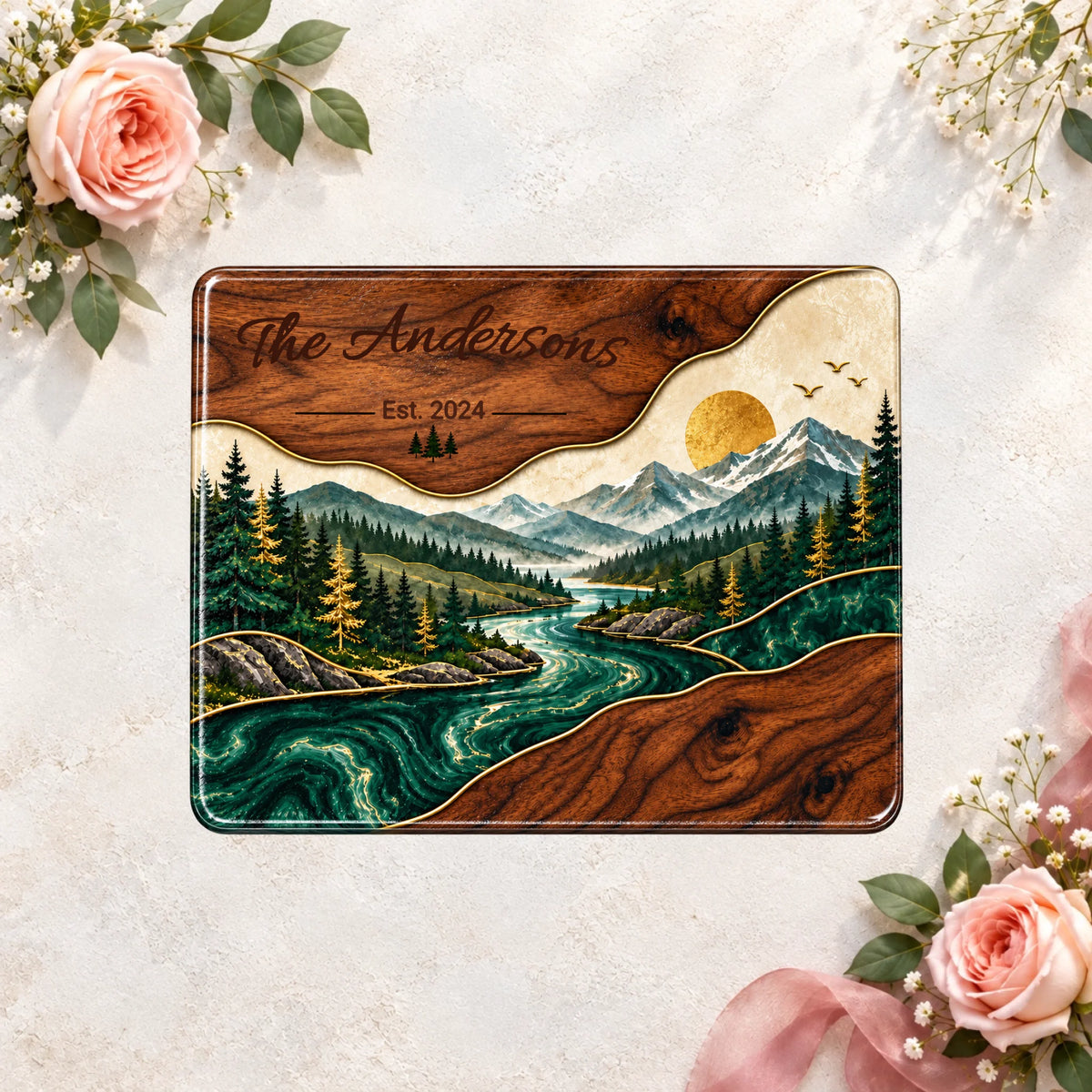 Personalized Glass Cutting Board, Mountain River Landscape, Custom Family Name Paddle Board, Rustic Kitchen Decor, Housewarming Gift
