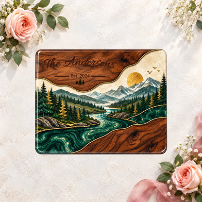 Personalized Glass Cutting Board, Mountain River Landscape, Custom Family Name Paddle Board, Rustic Kitchen Decor, Housewarming Gift