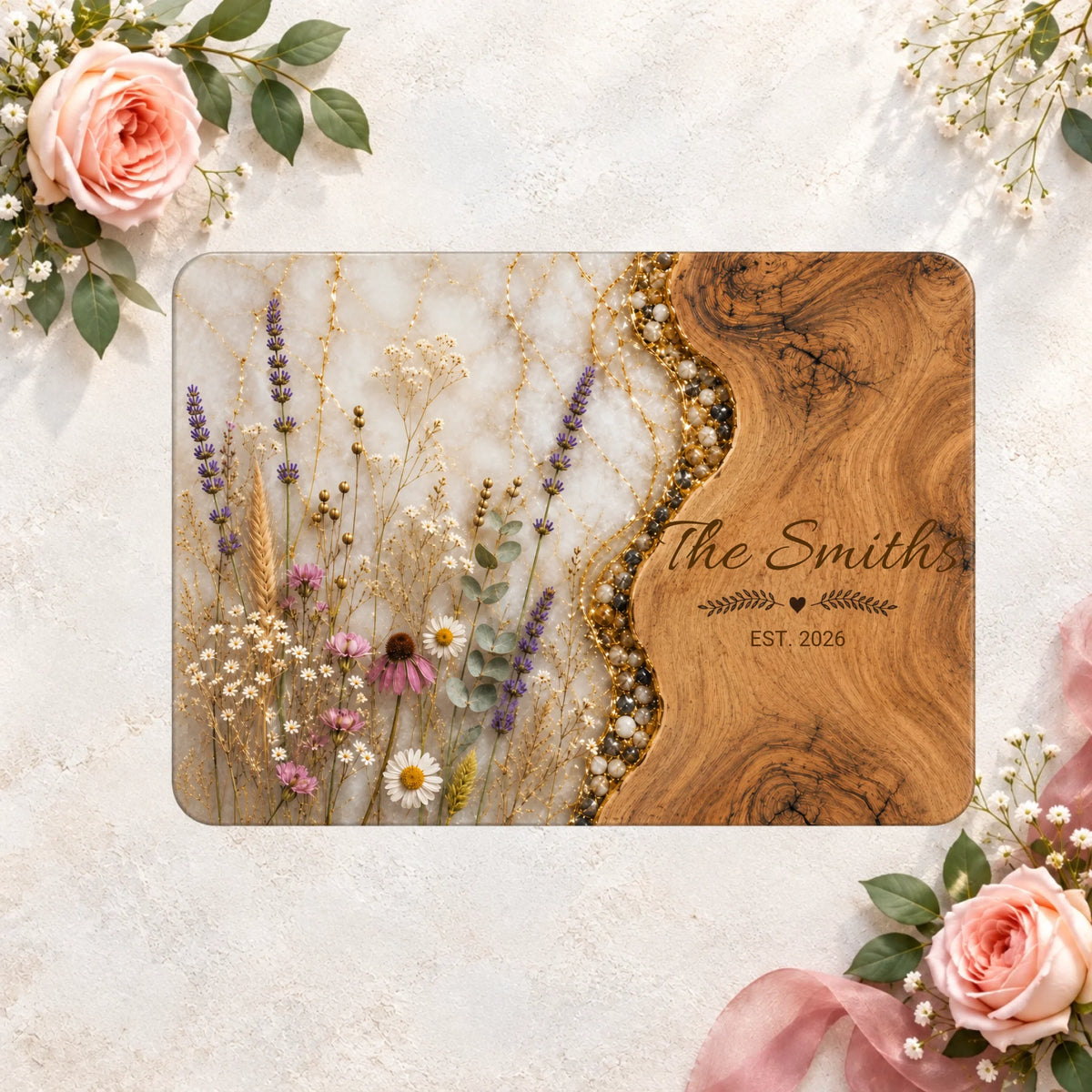 Personalized Glass Cutting Board, Wildflower Floral Wood Grain Design, Custom Family Name Kitchen Decor, Housewarming Gift for Couple