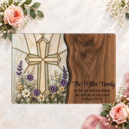 Personalized Christian Glass Cutting Board, Stained Glass Cross Floral Design, Joshua 24:15, Custom Family Name Kitchen Gift