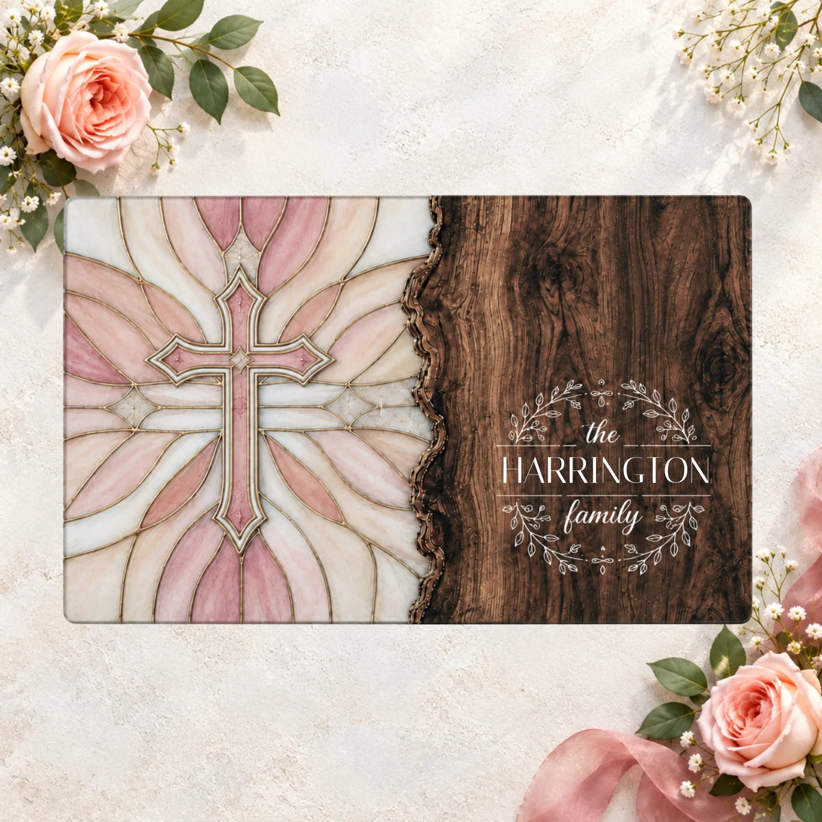 Personalized Christian Cutting Board, Pink Stained Glass Cross, Custom Family Name Gift, Christian Housewarming Decor